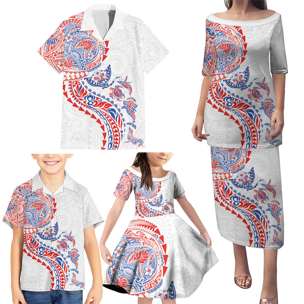 Hawaiian Kakau Tribal Sea Animals Tattoos Family Matching Puletasi and Hawaiian Shirt Hawaii Flag Color Inspired