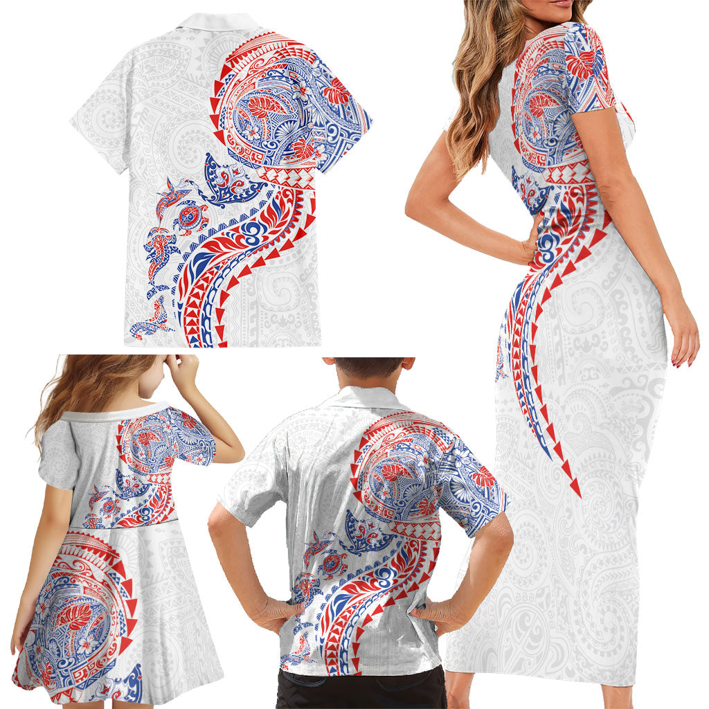 Hawaiian Kakau Tribal Sea Animals Tattoos Family Matching Short Sleeve Bodycon Dress and Hawaiian Shirt Hawaii Flag Color Inspired LT03 - Polynesian Pride