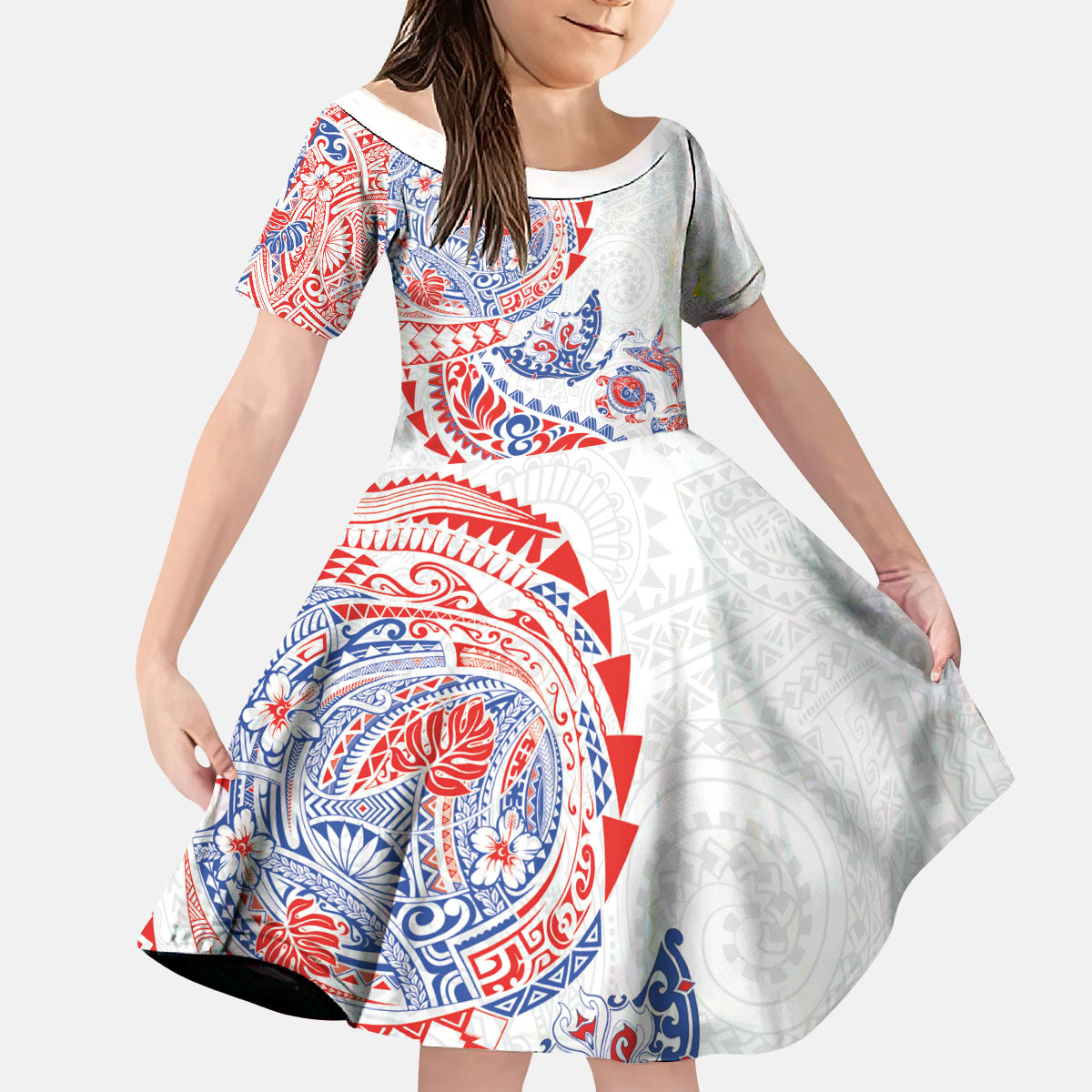 Hawaiian Kakau Tribal Sea Animals Tattoos Kid Short Sleeve Dress Hawaii Flag Color Inspired