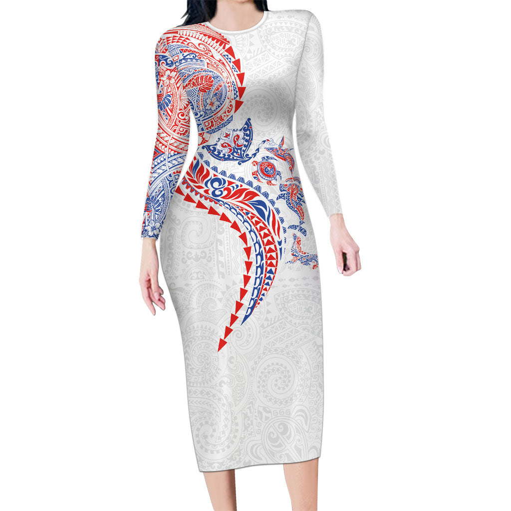 Hawaiian Kakau Tribal Sea Animals Tattoos Long Sleeve Bodycon Dress Hawaii Flag Color Inspired