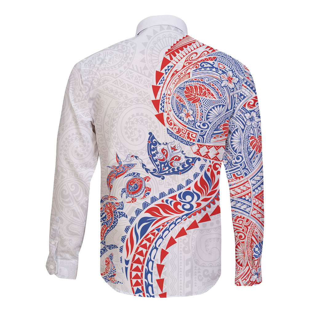 Hawaiian Kakau Tribal Sea Animals Tattoos Long Sleeve Button Shirt Hawaii Flag Color Inspired LT03 - Polynesian Pride
