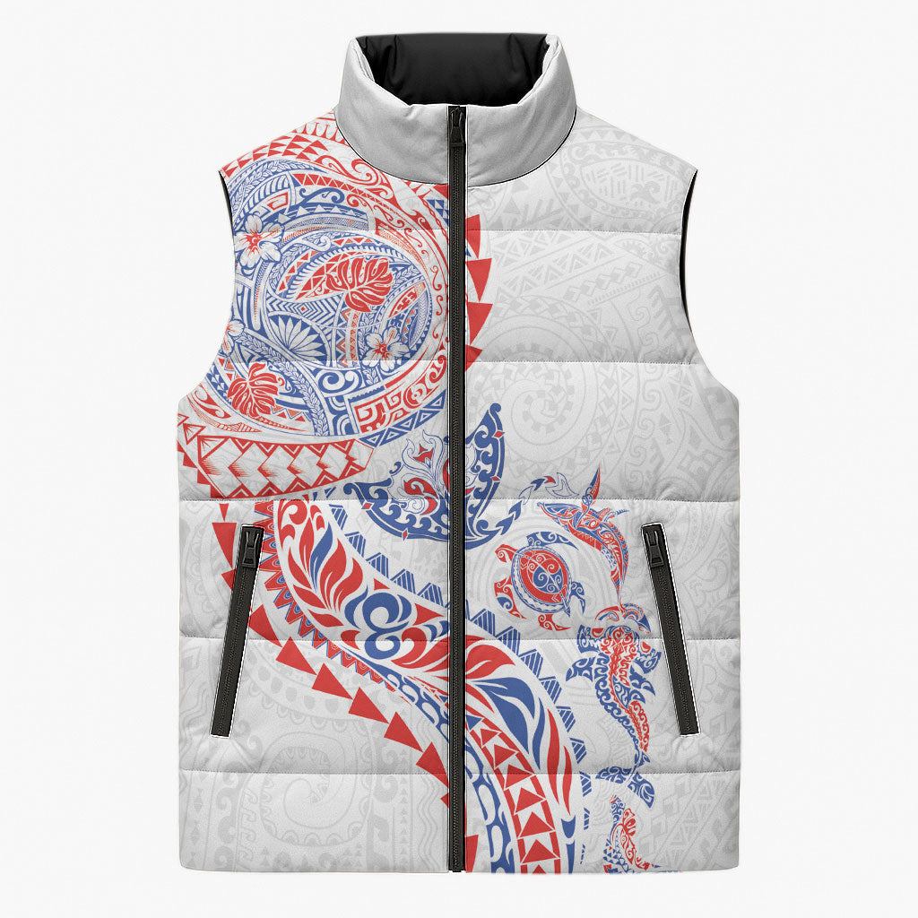 Hawaiian Kakau Tribal Sea Animals Tattoos Sleeveless Puffer Jacket Hawaii Flag Color Inspired