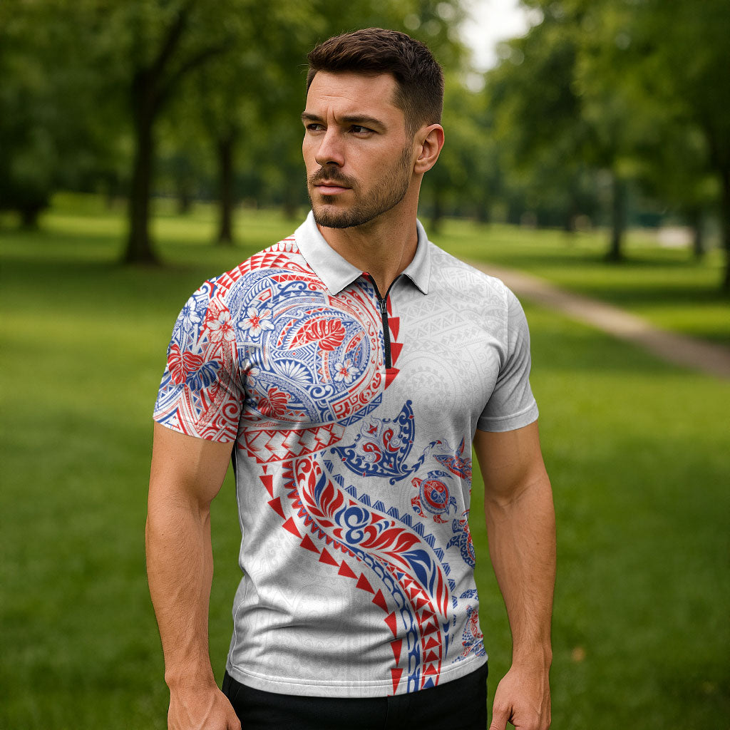 Hawaiian Kakau Tribal Sea Animals Tattoos Zipper Polo Shirt Hawaii Flag Color Inspired