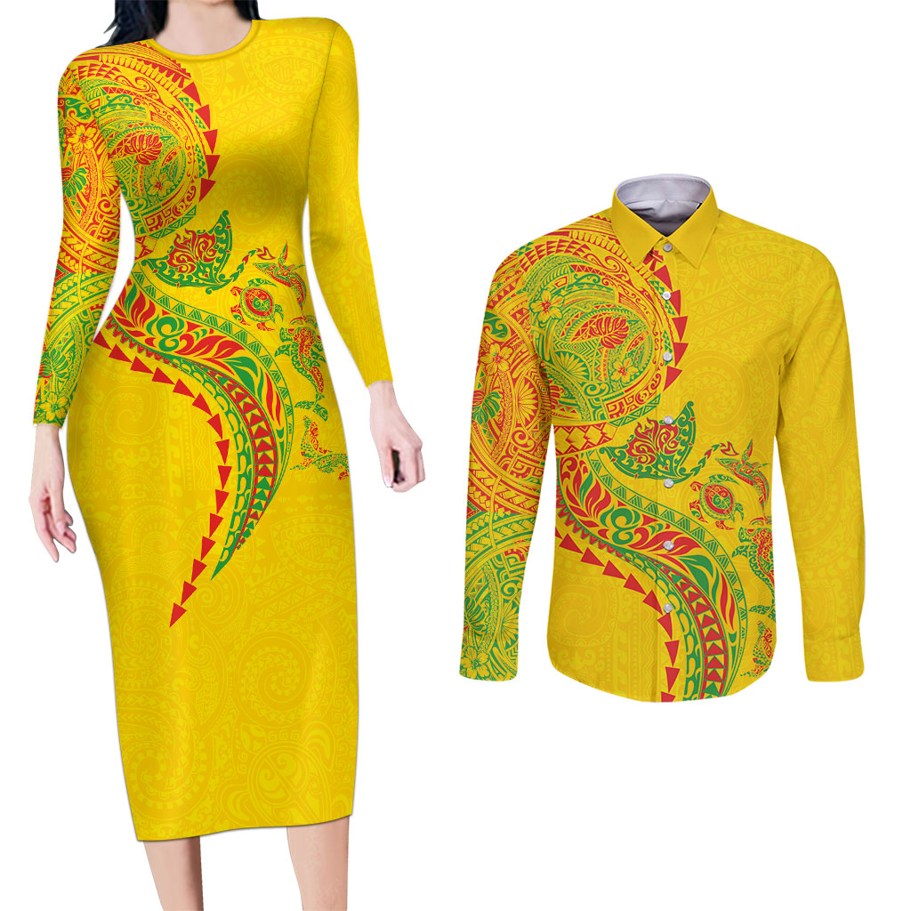 Hawaiian Kakau Tribal Sea Animals Tattoos Couples Matching Long Sleeve Bodycon Dress and Long Sleeve Button Shirt Kanaka Maoli Flag Color Inspired LT03 Multicolor - Polynesian Pride