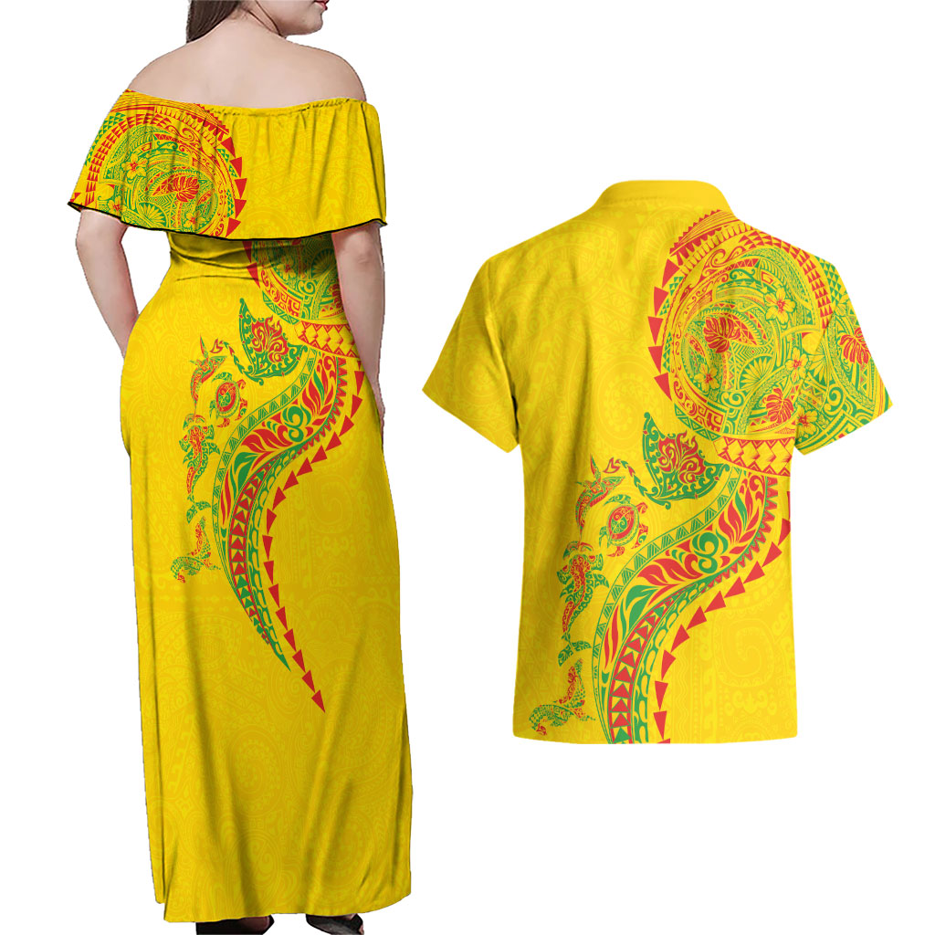 Hawaiian Kakau Tribal Sea Animals Tattoos Couples Matching Off Shoulder Maxi Dress and Hawaiian Shirt Kanaka Maoli Flag Color Inspired LT03 - Polynesian Pride