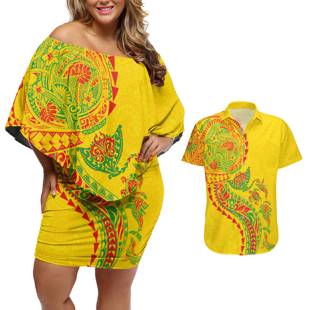 Hawaiian Kakau Tribal Sea Animals Tattoos Couples Matching Off Shoulder Short Dress and Hawaiian Shirt Kanaka Maoli Flag Color Inspired LT03 Multicolor - Polynesian Pride