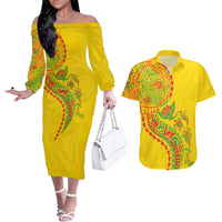 Hawaiian Kakau Tribal Sea Animals Tattoos Couples Matching Off The Shoulder Long Sleeve Dress and Hawaiian Shirt Kanaka Maoli Flag Color Inspired LT03 Multicolor - Polynesian Pride