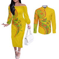 Hawaiian Kakau Tribal Sea Animals Tattoos Couples Matching Off The Shoulder Long Sleeve Dress and Long Sleeve Button Shirt Kanaka Maoli Flag Color Inspired LT03 Multicolor - Polynesian Pride