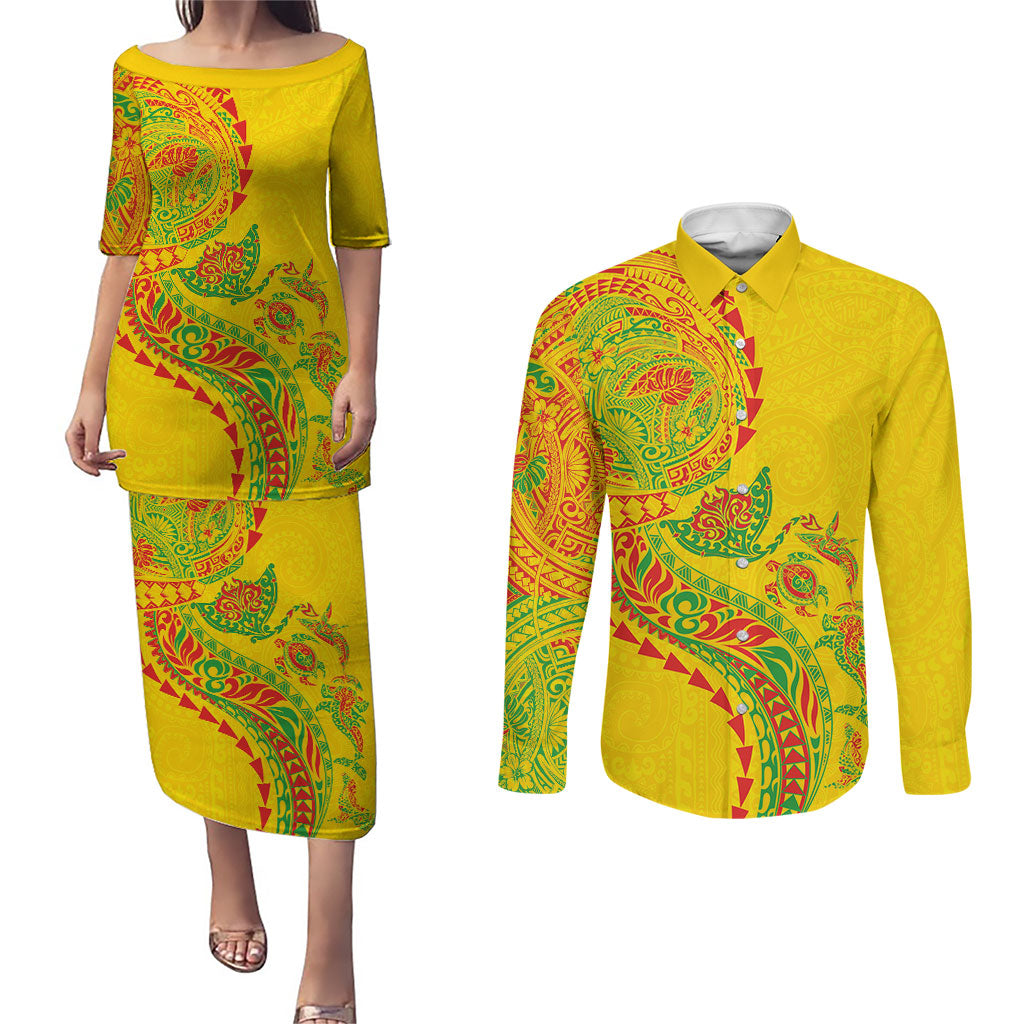 Hawaiian Kakau Tribal Sea Animals Tattoos Couples Matching Puletasi and Long Sleeve Button Shirt Kanaka Maoli Flag Color Inspired