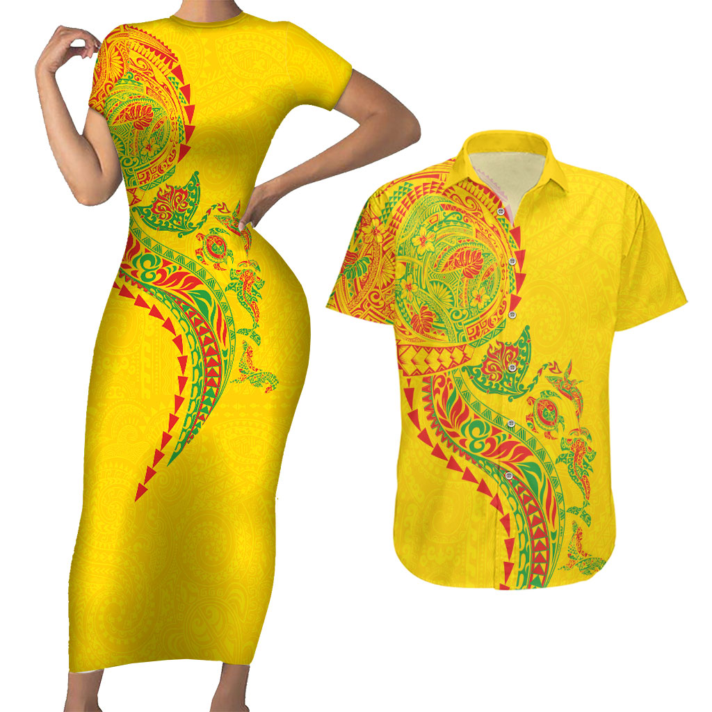 Hawaiian Kakau Tribal Sea Animals Tattoos Couples Matching Short Sleeve Bodycon Dress and Hawaiian Shirt Kanaka Maoli Flag Color Inspired