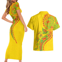 Hawaiian Kakau Tribal Sea Animals Tattoos Couples Matching Short Sleeve Bodycon Dress and Hawaiian Shirt Kanaka Maoli Flag Color Inspired LT03 - Polynesian Pride