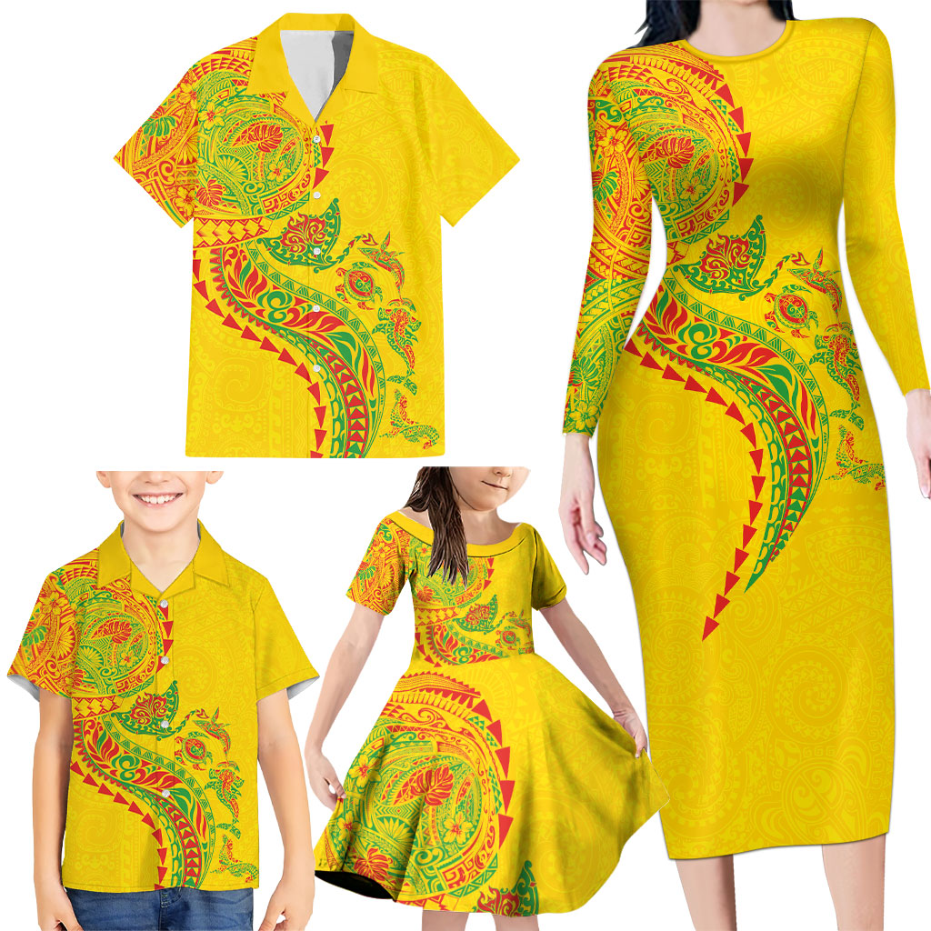 Hawaiian Kakau Tribal Sea Animals Tattoos Family Matching Long Sleeve Bodycon Dress and Hawaiian Shirt Kanaka Maoli Flag Color Inspired LT03 - Polynesian Pride