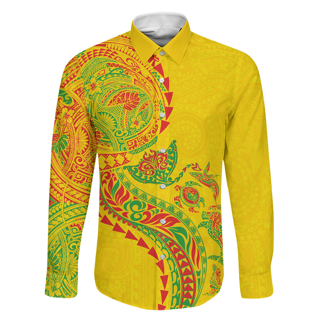 Hawaiian Kakau Tribal Sea Animals Tattoos Family Matching Mermaid Dress and Hawaiian Shirt Kanaka Maoli Flag Color Inspired LT03 Dad's Shirt - Long Sleeve Multicolor - Polynesian Pride