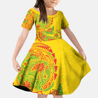 Hawaiian Kakau Tribal Sea Animals Tattoos Family Matching Off The Shoulder Long Sleeve Dress and Hawaiian Shirt Kanaka Maoli Flag Color Inspired LT03 Daughter's Dress Multicolor - Polynesian Pride
