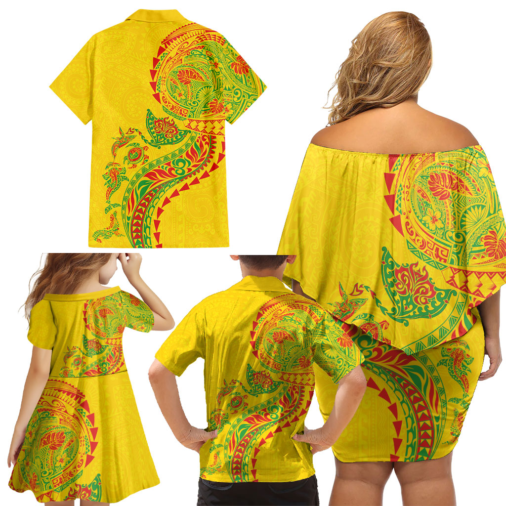 Hawaiian Kakau Tribal Sea Animals Tattoos Family Matching Off Shoulder Short Dress and Hawaiian Shirt Kanaka Maoli Flag Color Inspired LT03 - Polynesian Pride