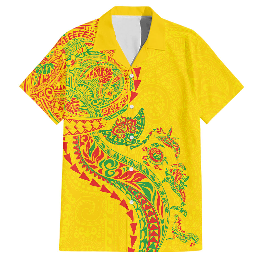 Hawaiian Kakau Tribal Sea Animals Tattoos Family Matching Off Shoulder Short Dress and Hawaiian Shirt Kanaka Maoli Flag Color Inspired LT03 Dad's Shirt - Short Sleeve Multicolor - Polynesian Pride
