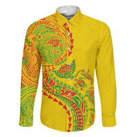Hawaiian Kakau Tribal Sea Animals Tattoos Family Matching Off Shoulder Short Dress and Hawaiian Shirt Kanaka Maoli Flag Color Inspired LT03 Dad's Shirt - Long Sleeve Multicolor - Polynesian Pride