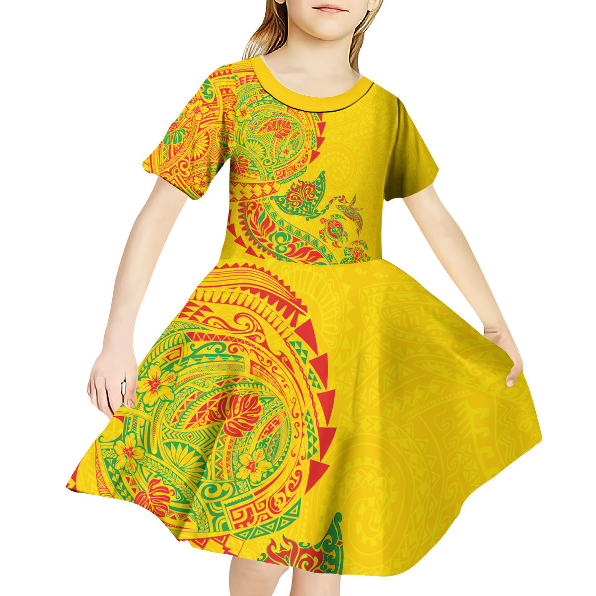 Hawaiian Kakau Tribal Sea Animals Tattoos Kid Short Sleeve Dress Kanaka Maoli Flag Color Inspired LT03 - Polynesian Pride