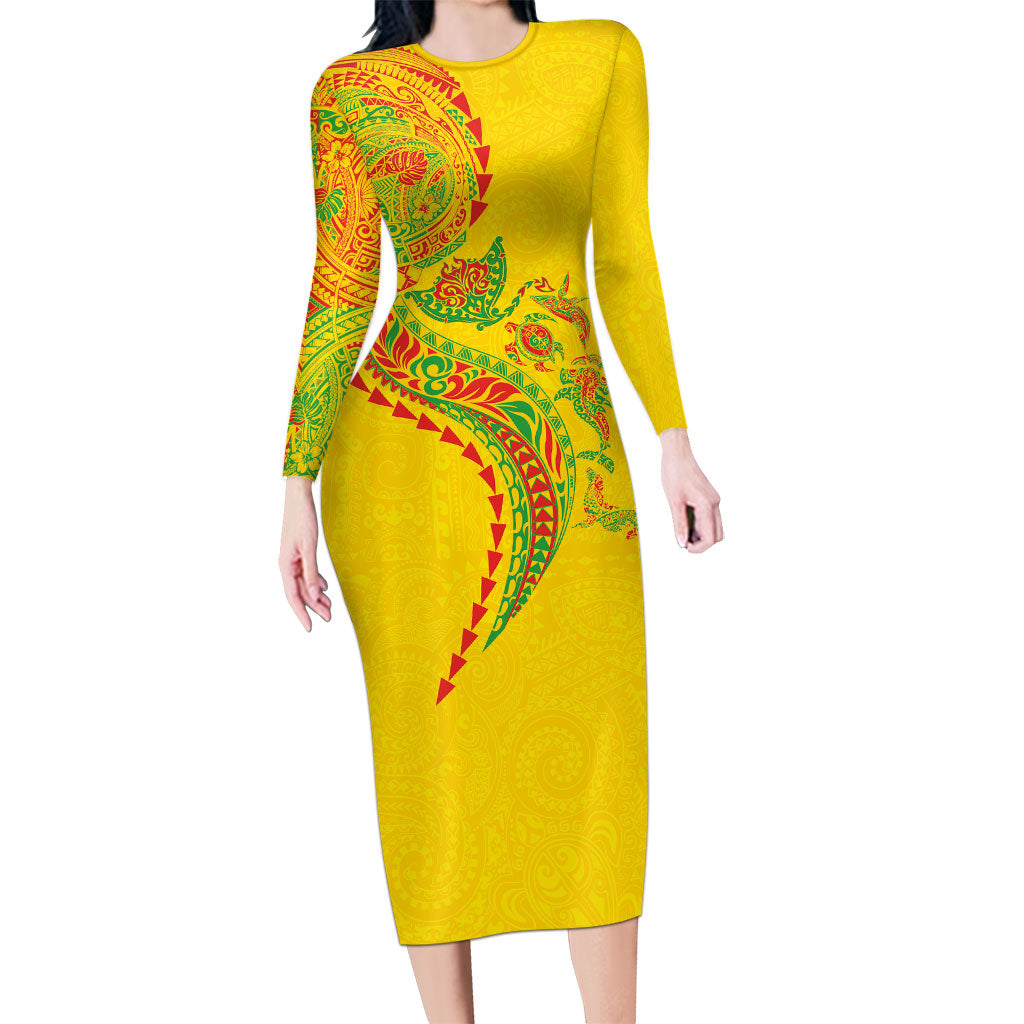 Hawaiian Kakau Tribal Sea Animals Tattoos Long Sleeve Bodycon Dress Kanaka Maoli Flag Color Inspired LT03 Long Dress Multicolor - Polynesian Pride