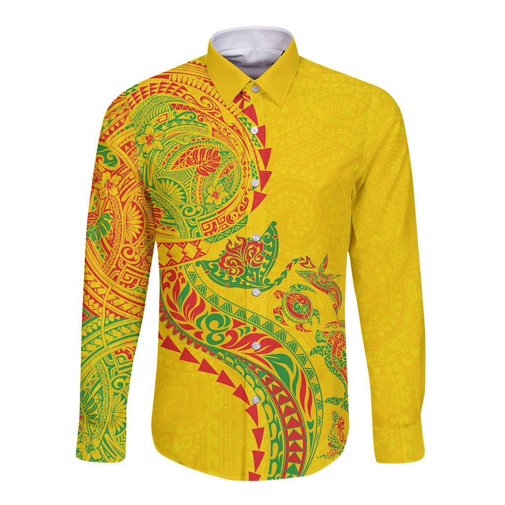 Hawaiian Kakau Tribal Sea Animals Tattoos Long Sleeve Button Shirt Kanaka Maoli Flag Color Inspired