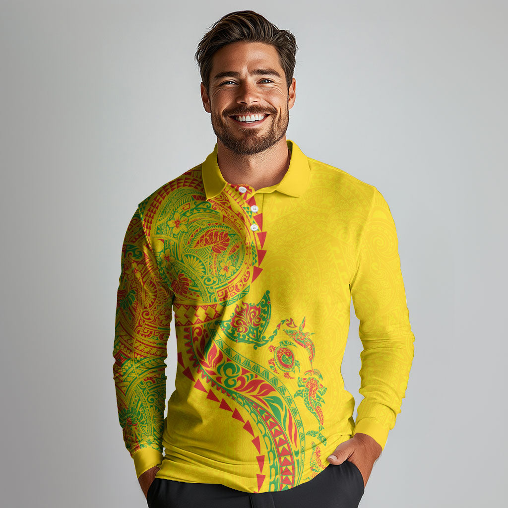 Hawaiian Kakau Tribal Sea Animals Tattoos Long Sleeve Polo Shirt Kanaka Maoli Flag Color Inspired LT03 - Polynesian Pride