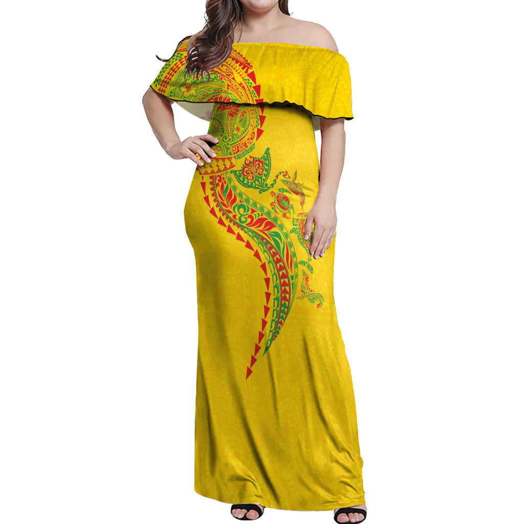 Hawaiian Kakau Tribal Sea Animals Tattoos Off Shoulder Maxi Dress Kanaka Maoli Flag Color Inspired LT03 Women Multicolor - Polynesian Pride