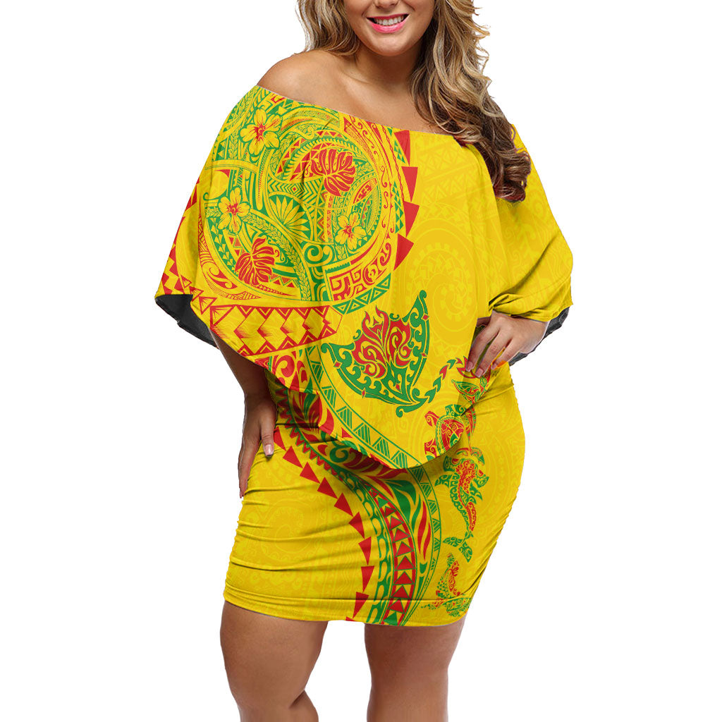 Hawaiian Kakau Tribal Sea Animals Tattoos Off Shoulder Short Dress Kanaka Maoli Flag Color Inspired