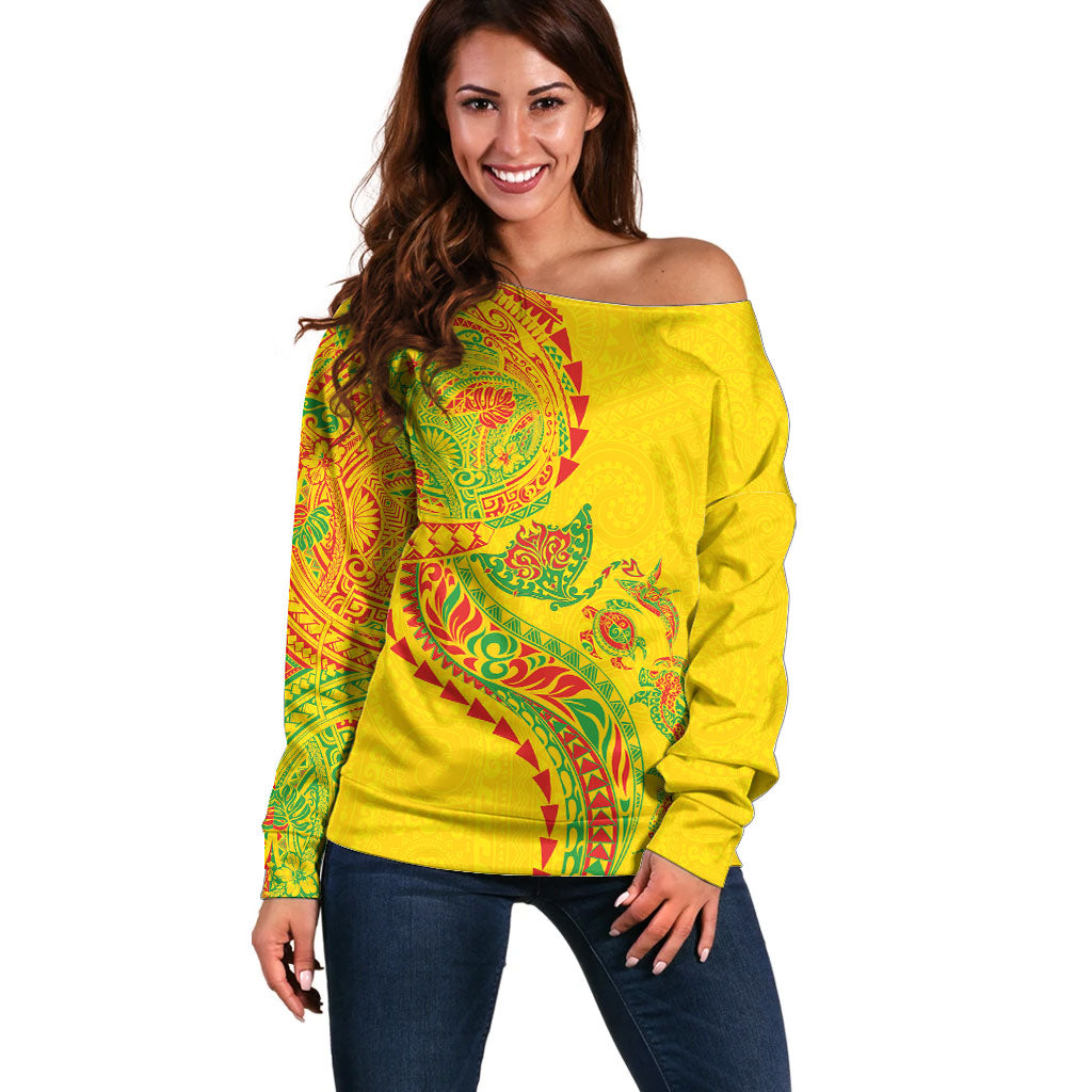 Hawaiian Kakau Tribal Sea Animals Tattoos Off Shoulder Sweater Kanaka Maoli Flag Color Inspired
