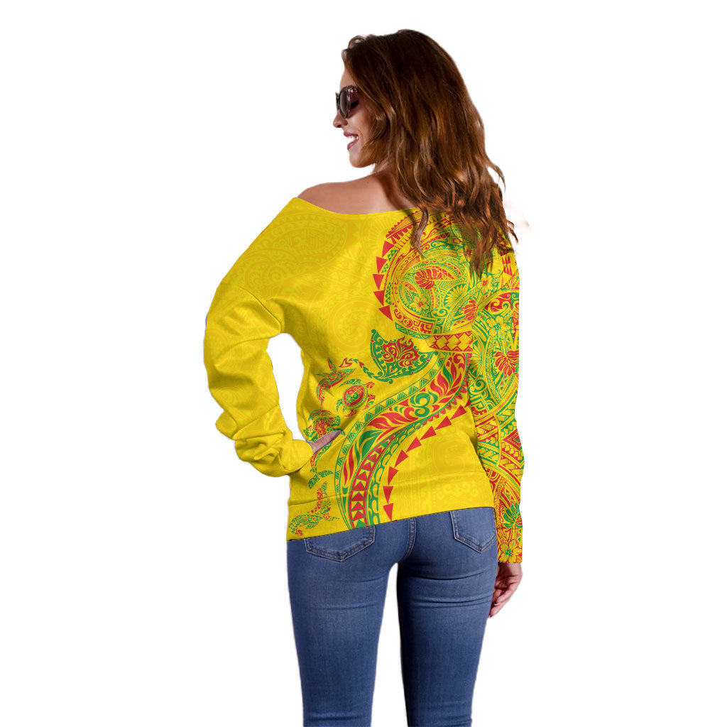 Hawaiian Kakau Tribal Sea Animals Tattoos Off Shoulder Sweater Kanaka Maoli Flag Color Inspired