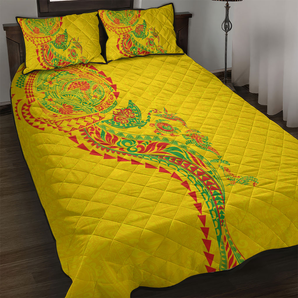 Hawaiian Kakau Tribal Sea Animals Tattoos Quilt Bed Set Kanaka Maoli Flag Color Inspired