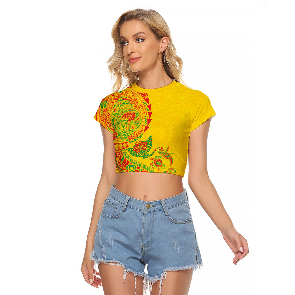 Hawaiian Kakau Tribal Sea Animals Tattoos Raglan Cropped T Shirt Kanaka Maoli Flag Color Inspired LT03 Female Multicolor - Polynesian Pride