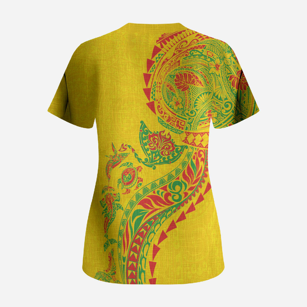 Hawaiian Kakau Tribal Sea Animals Tattoos Scrub Top Kanaka Maoli Flag Color Inspired
