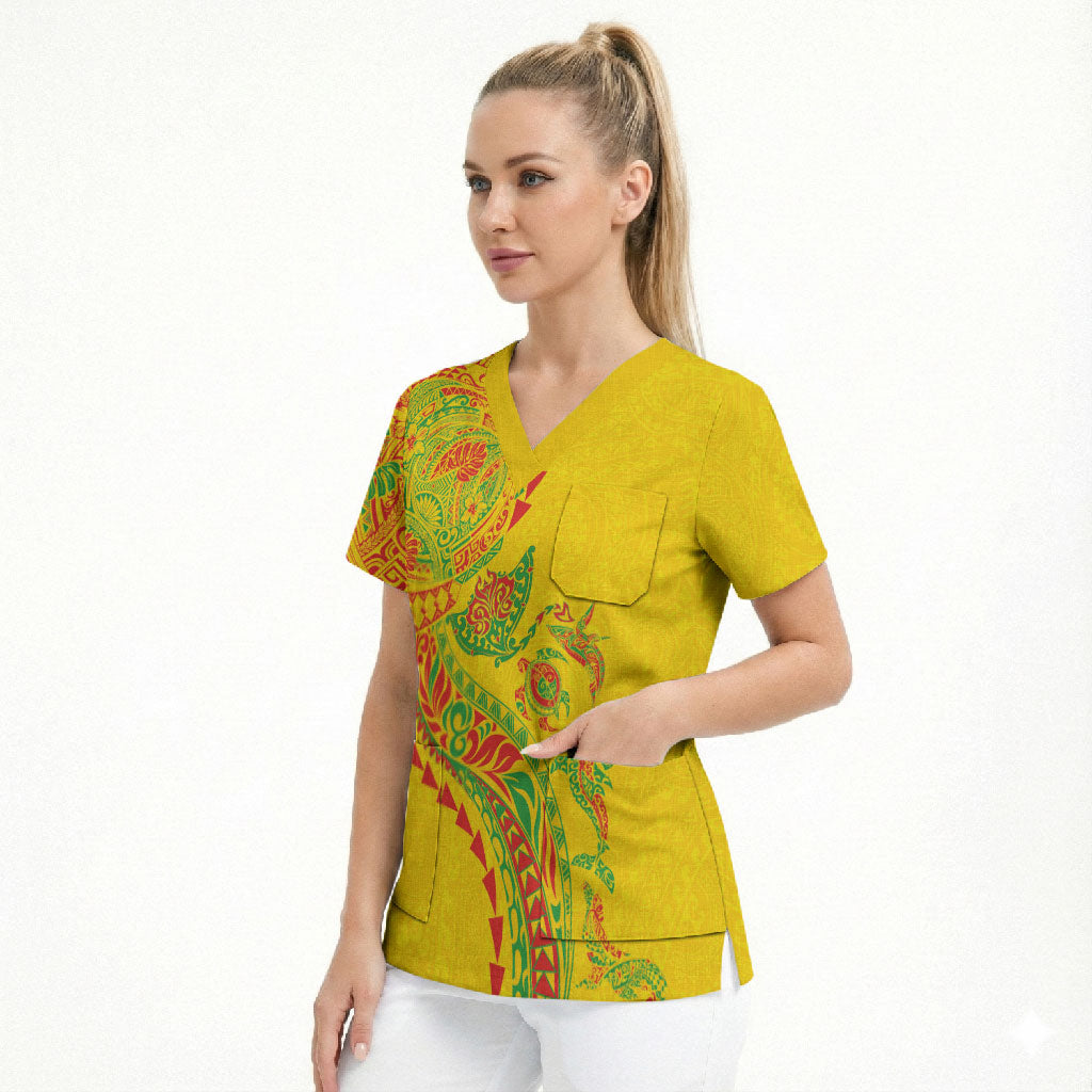 Hawaiian Kakau Tribal Sea Animals Tattoos Scrub Top Kanaka Maoli Flag Color Inspired