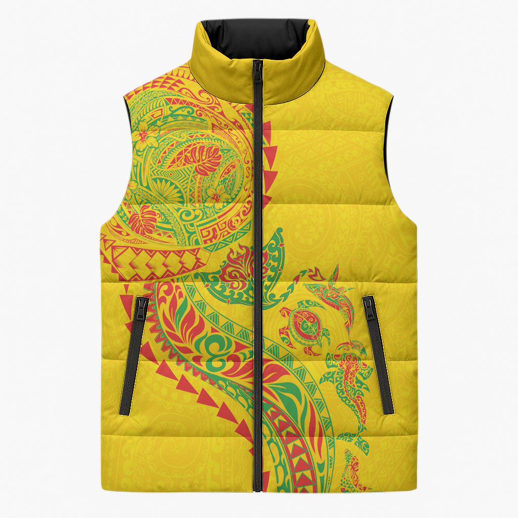 Hawaiian Kakau Tribal Sea Animals Tattoos Sleeveless Puffer Jacket Kanaka Maoli Flag Color Inspired