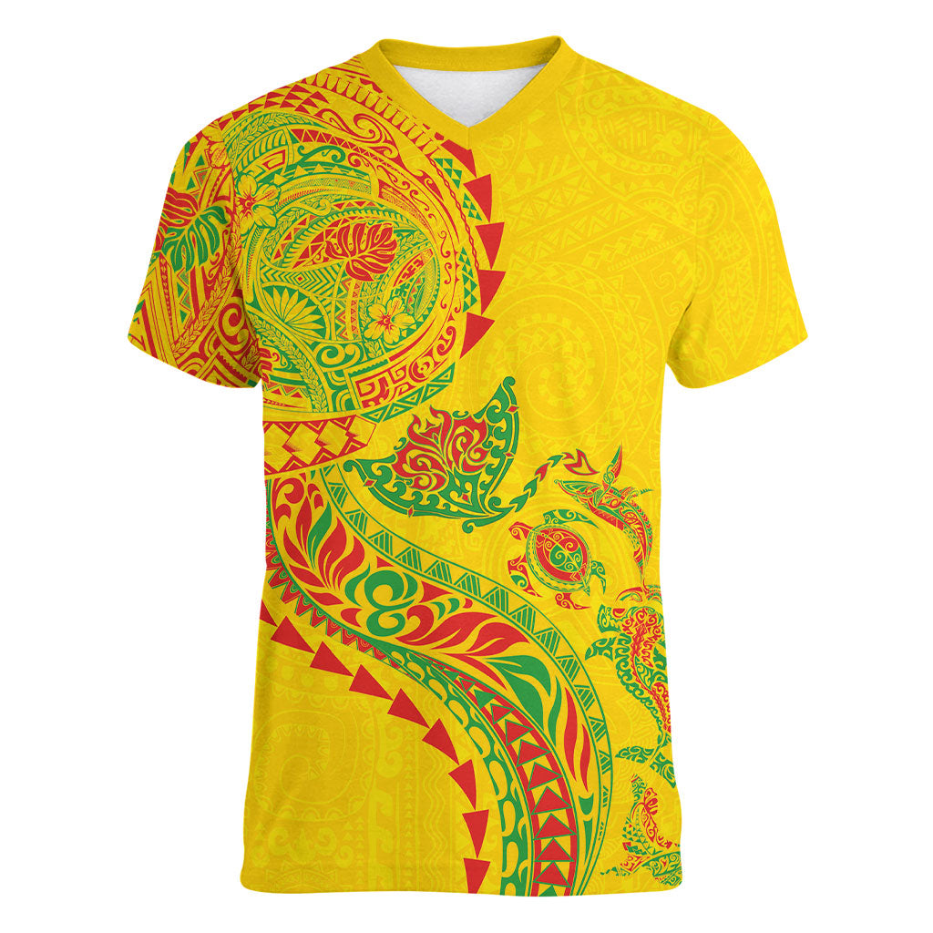 Hawaiian Kakau Tribal Sea Animals Tattoos Women V-Neck T-Shirt Kanaka Maoli Flag Color Inspired