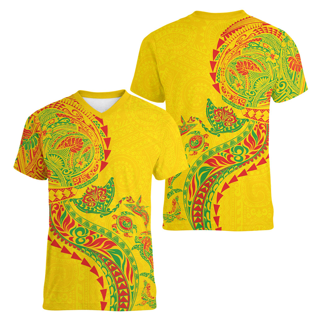 Hawaiian Kakau Tribal Sea Animals Tattoos Women V-Neck T-Shirt Kanaka Maoli Flag Color Inspired LT03 - Polynesian Pride