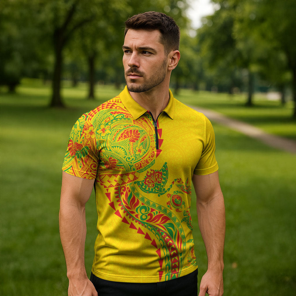 Hawaiian Kakau Tribal Sea Animals Tattoos Zipper Polo Shirt Kanaka Maoli Flag Color Inspired LT03 - Polynesian Pride