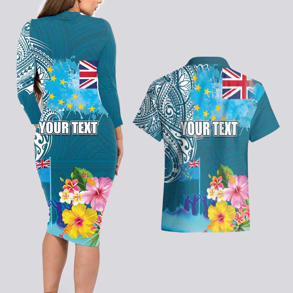 Personalised Tuvalu Independence Day Couples Matching Long Sleeve Bodycon Dress and Hawaiian Shirt Tuvaluan Tribal Flag Style LT03 - Polynesian Pride