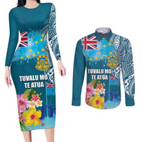 Personalised Tuvalu Independence Day Couples Matching Long Sleeve Bodycon Dress and Long Sleeve Button Shirt Tuvaluan Tribal Flag Style LT03 Turquoise - Polynesian Pride