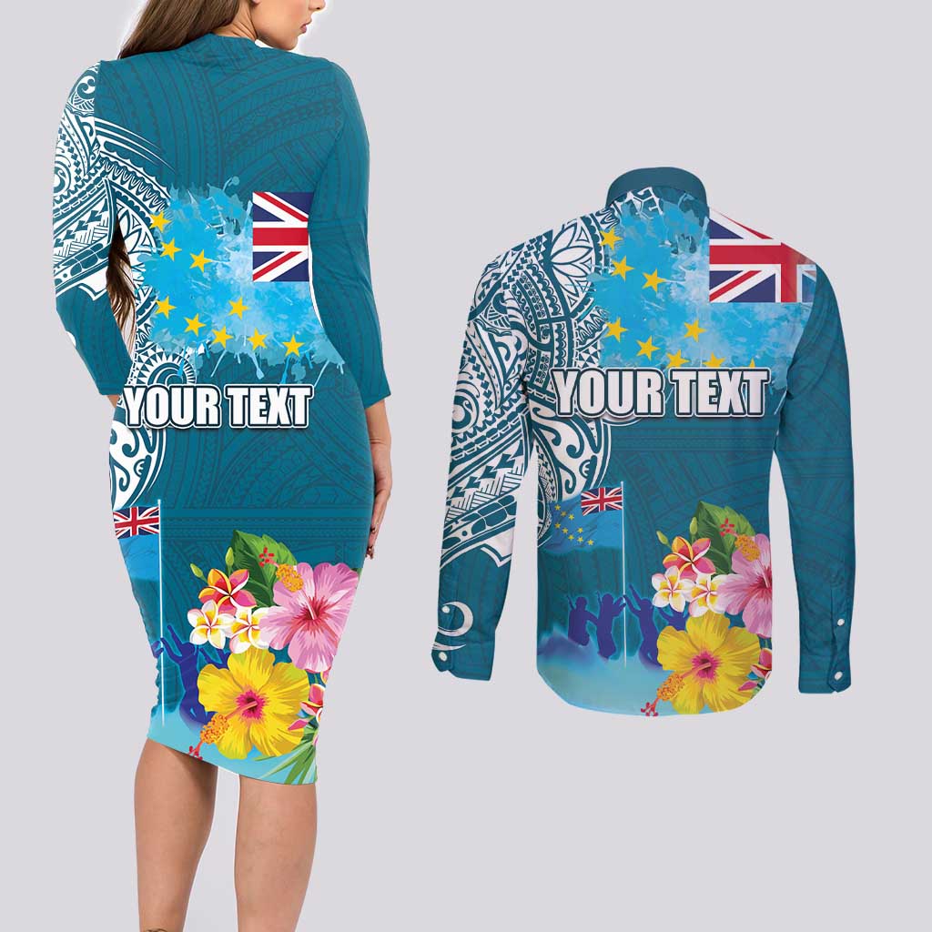 Personalised Tuvalu Independence Day Couples Matching Long Sleeve Bodycon Dress and Long Sleeve Button Shirt Tuvaluan Tribal Flag Style LT03 - Polynesian Pride