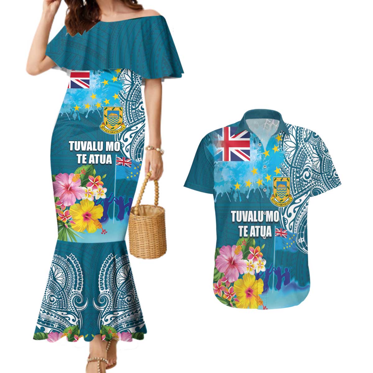 Personalised Tuvalu Independence Day Couples Matching Mermaid Dress and Hawaiian Shirt Tuvaluan Tribal Flag Style LT03 Turquoise - Polynesian Pride