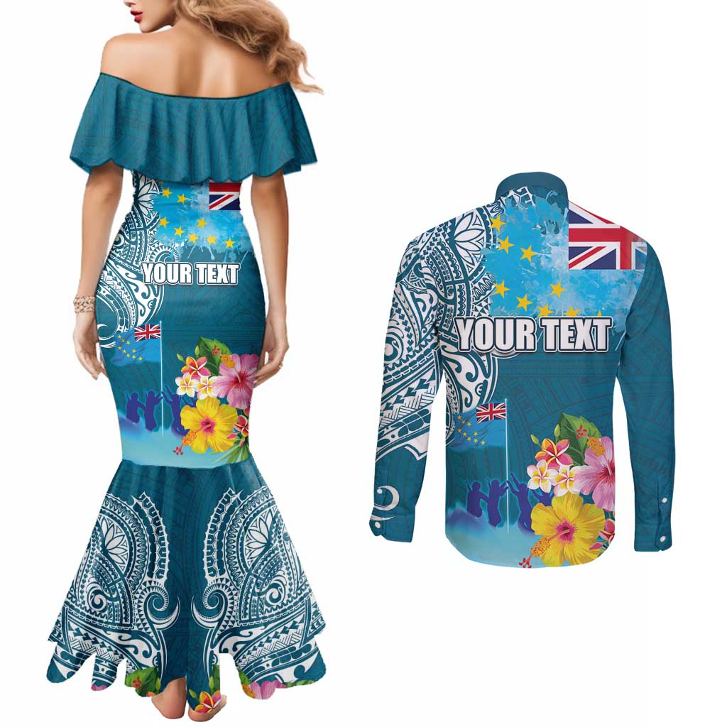 Personalised Tuvalu Independence Day Couples Matching Mermaid Dress and Long Sleeve Button Shirt Tuvaluan Tribal Flag Style LT03 - Polynesian Pride