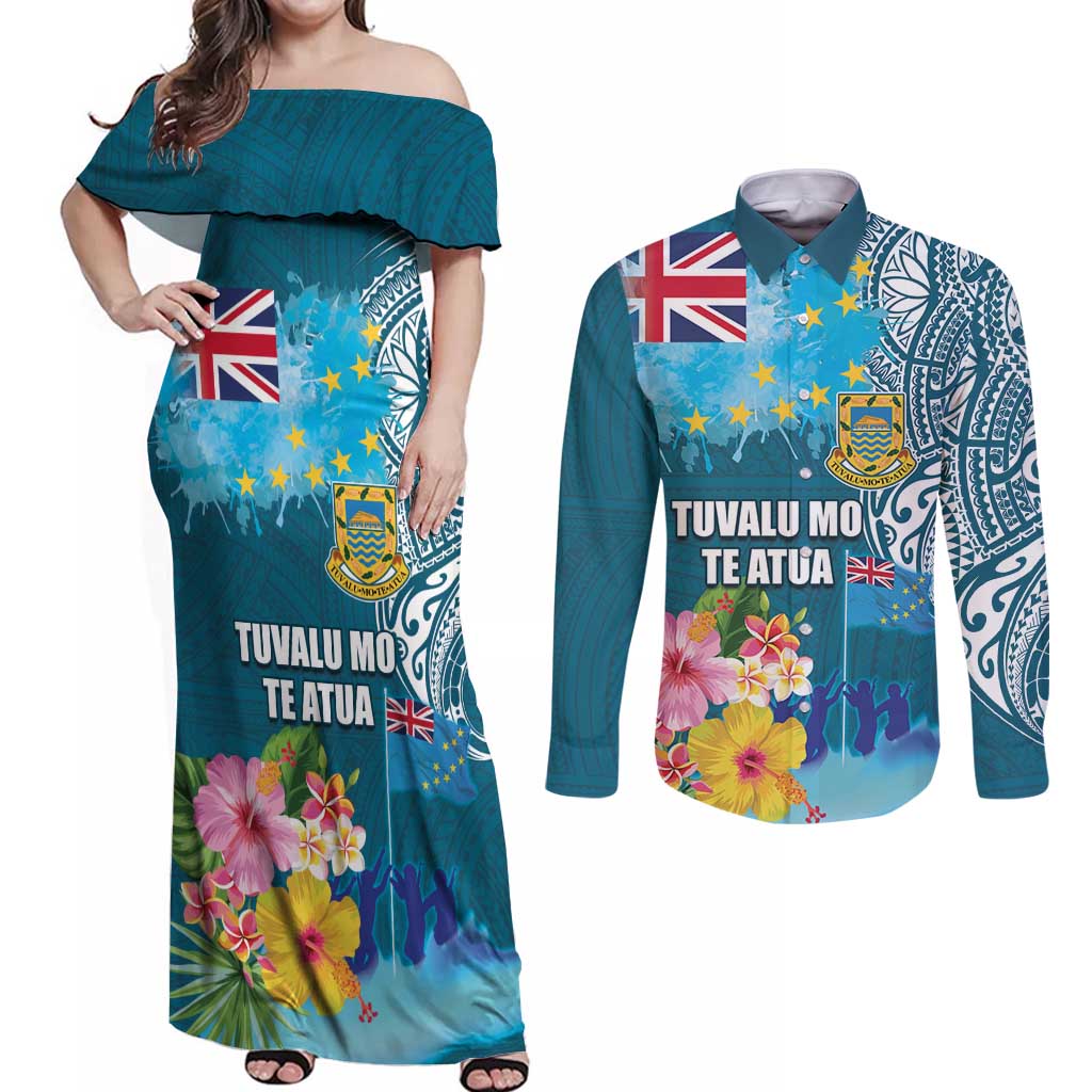 Personalised Tuvalu Independence Day Couples Matching Off Shoulder Maxi Dress and Long Sleeve Button Shirt Tuvaluan Tribal Flag Style LT03 Turquoise - Polynesian Pride