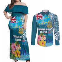 Personalised Tuvalu Independence Day Couples Matching Off Shoulder Maxi Dress and Long Sleeve Button Shirt Tuvaluan Tribal Flag Style LT03 Turquoise - Polynesian Pride