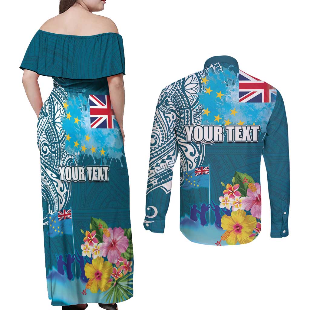 Personalised Tuvalu Independence Day Couples Matching Off Shoulder Maxi Dress and Long Sleeve Button Shirt Tuvaluan Tribal Flag Style LT03 - Polynesian Pride