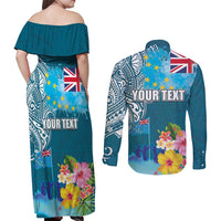 Personalised Tuvalu Independence Day Couples Matching Off Shoulder Maxi Dress and Long Sleeve Button Shirt Tuvaluan Tribal Flag Style LT03 - Polynesian Pride