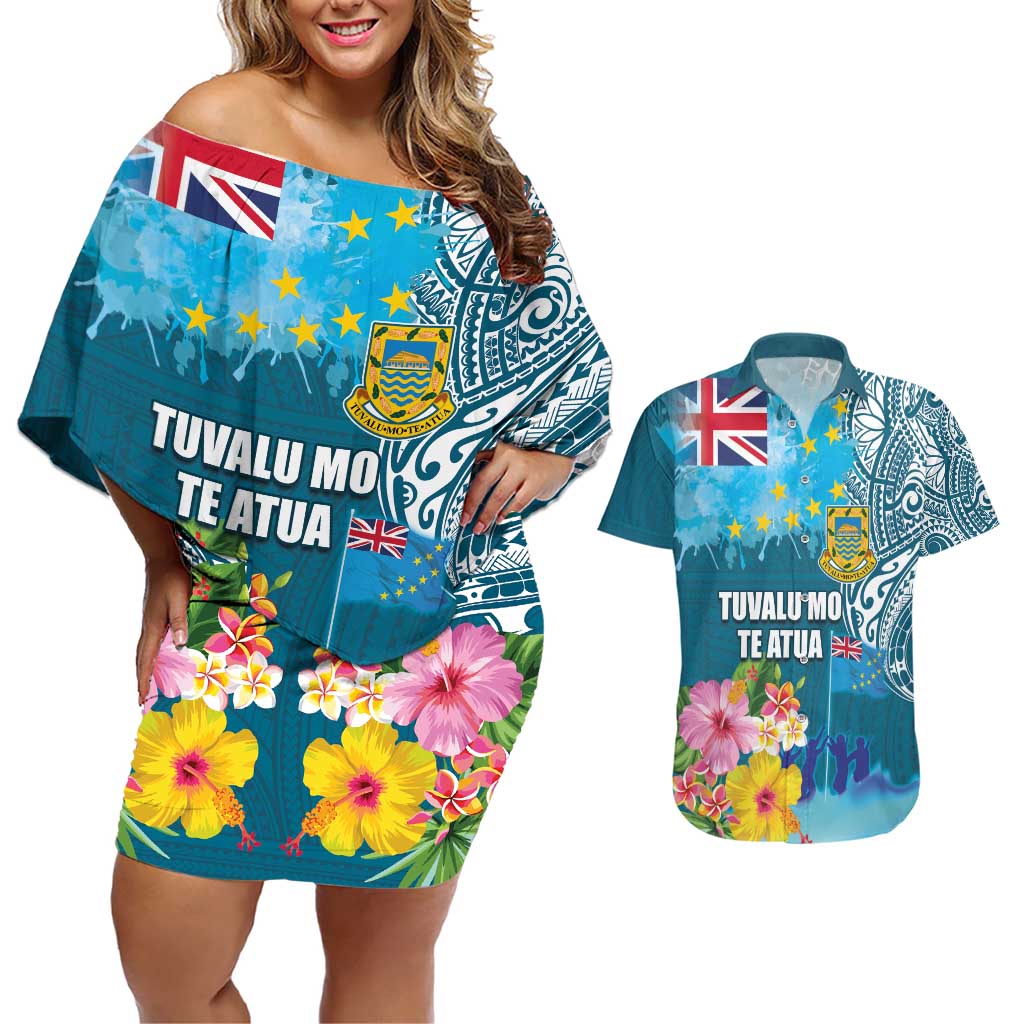 Personalised Tuvalu Independence Day Couples Matching Off Shoulder Short Dress and Hawaiian Shirt Tuvaluan Tribal Flag Style LT03 Turquoise - Polynesian Pride