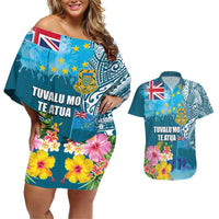 Personalised Tuvalu Independence Day Couples Matching Off Shoulder Short Dress and Hawaiian Shirt Tuvaluan Tribal Flag Style LT03 Turquoise - Polynesian Pride