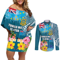 Personalised Tuvalu Independence Day Couples Matching Off Shoulder Short Dress and Long Sleeve Button Shirt Tuvaluan Tribal Flag Style LT03 Turquoise - Polynesian Pride