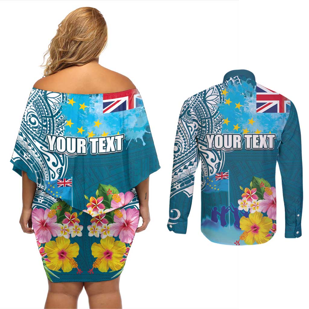 Personalised Tuvalu Independence Day Couples Matching Off Shoulder Short Dress and Long Sleeve Button Shirt Tuvaluan Tribal Flag Style LT03 - Polynesian Pride